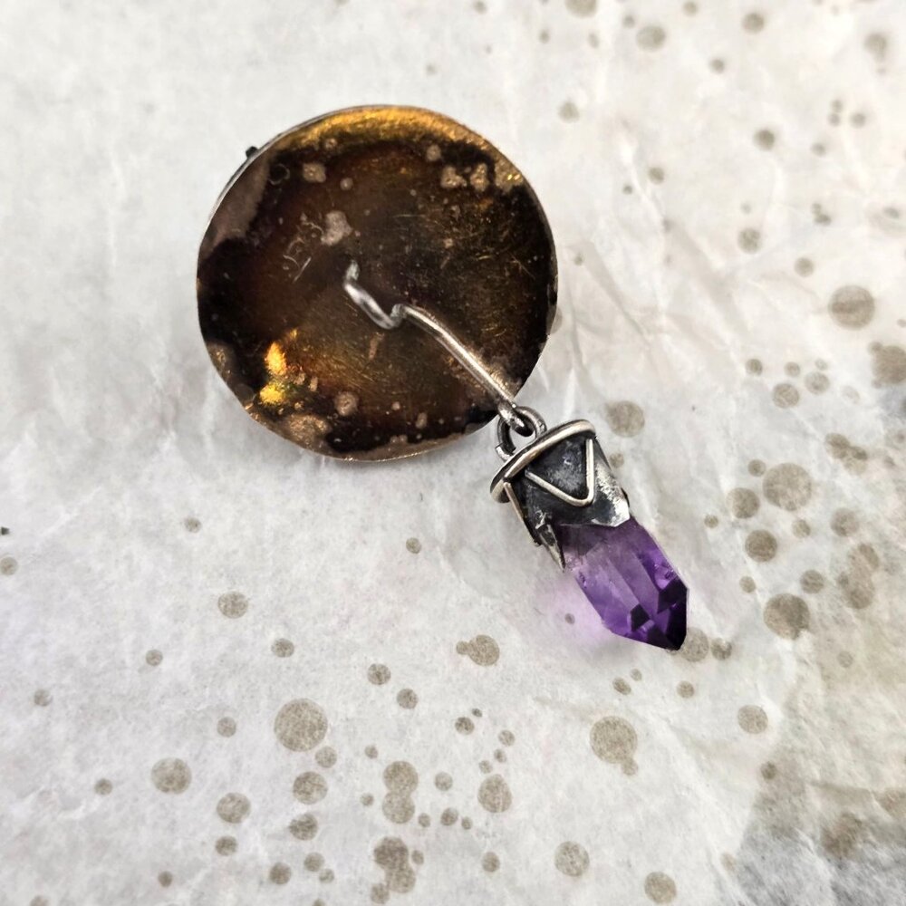 Vintage Sterling Silver 925 Pendant Amethyst Gemstone & Dangling Charm Domed - Picture 5 of 9